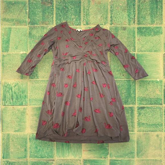 Boden Grey Pink Flamingo Print Ruched Bust Mini Dress Size 16R - Picture 1 of 7